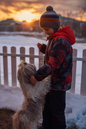 Foto de Niño con shih tzu perro de pie junto a la valla al atardecer de invierno - Imagen libre de derechos