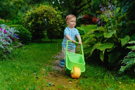 Téléchargez les photos : Un an mignon enfant dans le jardin d'été avec brouette - en image libre de droit