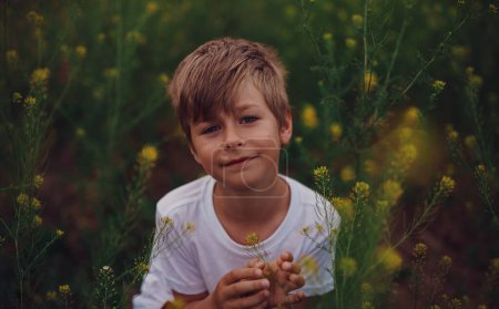 Téléchargez les photos : Portrait d'un garçon de sept ans dans un pré fleuri - en image libre de droit