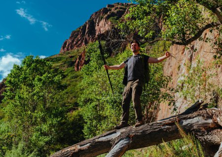 Téléchargez les photos : Heureux randonneur masculin debout sur un tronc d'arbre tombé avec des bâtons de trekking sur fond de montagnes - en image libre de droit