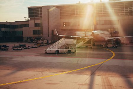 Foto de Edificio del aeropuerto con avión a la cálida luz del atardecer - Imagen libre de derechos