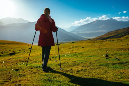 Téléchargez les photos : Jeune femme randonneuse avec bâtons de trekking promenades dans les montagnes vue de dos - en image libre de droit
