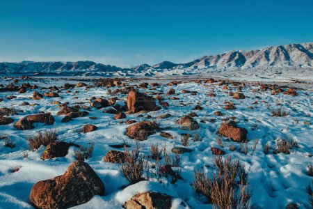 Téléchargez les photos : Belle vallée montagneuse avec des pierres dans la neige en hiver - en image libre de droit