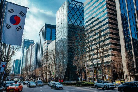 Photo for Seoul, South Korea - February 27, 2024: Urban area with high-rise buildings, Teheran-ro street - Royalty Free Image