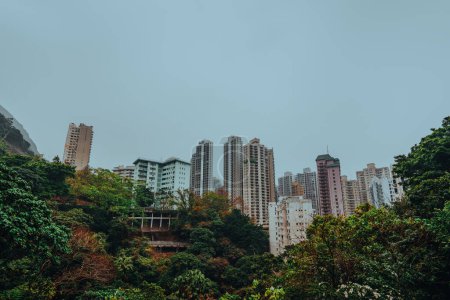 Téléchargez les photos : Paysage urbain avec de hauts bâtiments résidentiels et parc à Hong Kong - en image libre de droit