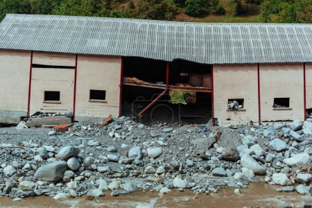Foto de Granero destruido por un desastre natural de caída de rocas - Imagen libre de derechos