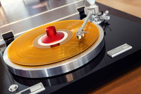 Foto de Giradiscos Estéreo Vintage Record Player Tonearm por encima de vinilo de color amarillo con abrazadera roja - Imagen libre de derechos