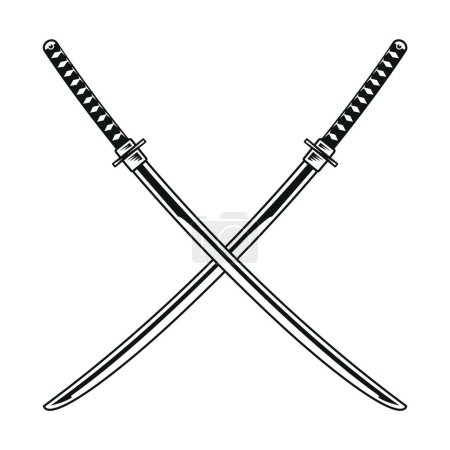 Crossed katana swords vector. Black and white Japanese swords isolated on white.