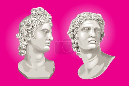 Ilustración de Dos bustos de Apolo sobre fondo de ácido rosa. Cabezas de estatua antiguas aisladas. Elementos de onda retro. Gráficos Vector EPS10. - Imagen libre de derechos
