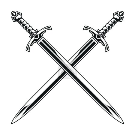 Téléchargez les photos : Epées médiévales croisées vecteur. Epées noires et blanches isolées sur blanc. - en image libre de droit