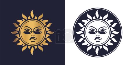 Illustration for Sun with sexy feminine face in sunglasses looking naughty and licks its lips. Vector ison. Summer, youth, sexy symbol. Good for logo, branding. - Royalty Free Image