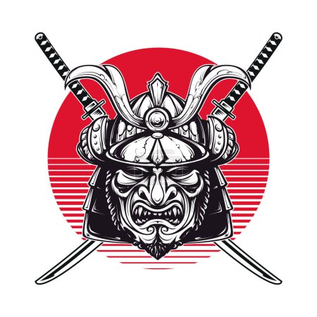 Samurai-Maske und gekreuzte Katana-Schwerter. Rote Sonne dahinter. T-shirt print design. Vektorgrafik.