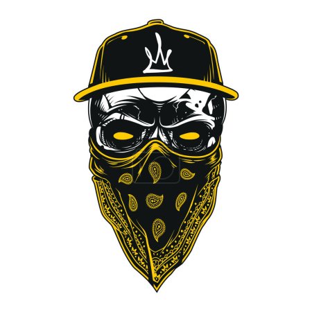 Gangster skull in bandana and snapback isolated on white background. Stencil, sticker skull art for hoodie or t-shirt.