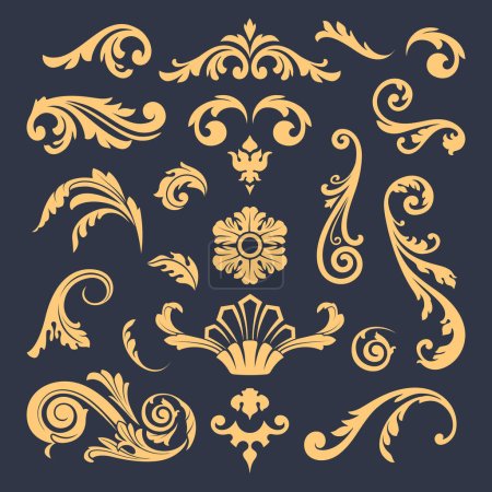 Illustration for Medieval flourish ornaments. Victorian graphic elements. Gold patterns on dark backgrond. Vintage vector elements. - Royalty Free Image