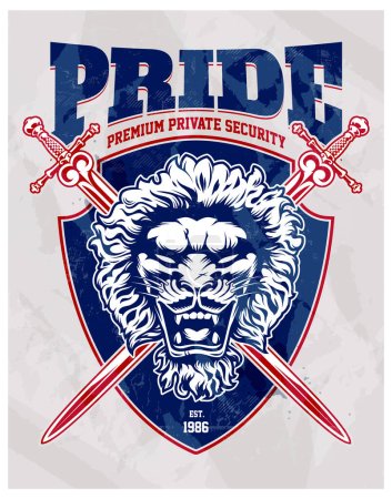 Ilustración de Emblema vintage con cabeza de león, espadas cruzadas y escudo. Escudo de armas vectorial con colores azul y rojo. - Imagen libre de derechos