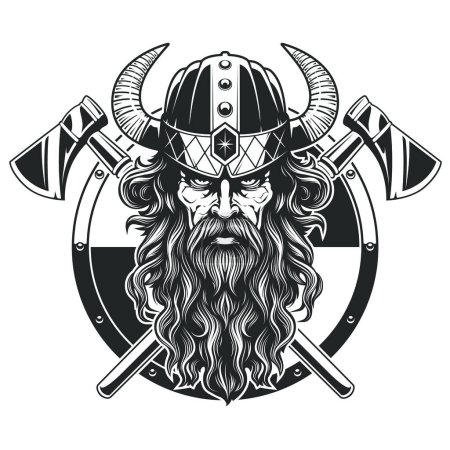 Illustration for Viking warrior with long hair and beard weared in a horned helmet. Crossed axes and circle shield behind. Black and white vector art isolated. - Royalty Free Image