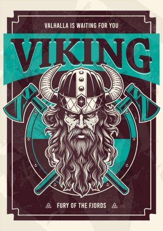 Vector art of viking warrior with long hair and beard weared in a horned helmet. Crossed axes and circle shield behind. Typographic print design.
