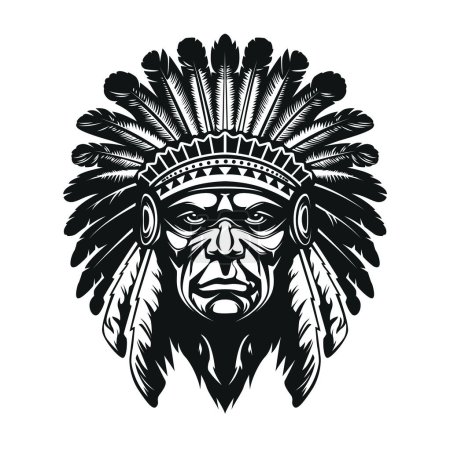 Native American indian chief head. Looks straight, solid and majestic. Apache chief face. Monochrome vector art isolated on white. High contrast, deep shades. Clean and sharp lines. 