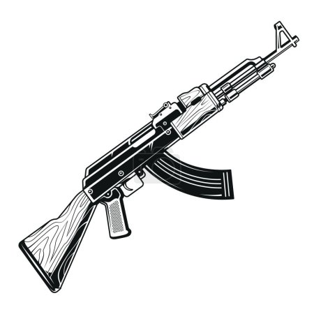 Ilustración de Fusil Kalashnikov ficticio. Detallada ilustración vectorial en blanco y negro de AK 47 con líneas limpias y nítidas. Elemento de diseño militar aislado en blanco. - Imagen libre de derechos