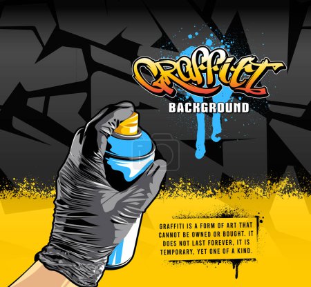 Illustration for Graffiti background with spraying hand. Abstract graffiti shapes. Aerosol paint banner. Vector graphic. - Royalty Free Image