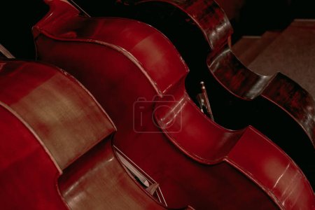 Photo for An image of three large double basses standing on a theater stage - Royalty Free Image