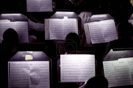 Photo for Image of musicians in the orchestra pit in front of sheet musi - Royalty Free Image