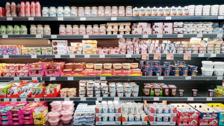 Téléchargez les photos : Lettonie, Riga, Mars, 2023 - Délicieux et sains produits laitiers biologiques sur l'étagère du supermarché. Produits naturels sans substitut de matières grasses du lait. Concept de qualité alimentaire. - en image libre de droit