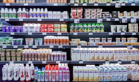 Photo for Latvia, Riga, March, 2023 - Delicious and healthy bio dairy products on shelf of supermarket. Natural products without milk fat substitute. Food quality concept. - Royalty Free Image