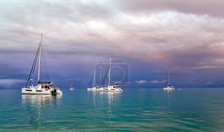 Photo for FRENCH POLYNESIA, DECEMBER, 2017 - A group of catamarans sailed to the island of Bora Bora on the sunset in the Pacific ocean at Leeward group of the Society Islands of French Polynesia. - Royalty Free Image