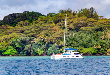 Foto de POLINESIA FRANCESA, DICIEMBRE DE 2017 - Catamarán solitario en una hermosa laguna de color turquesa cerca de la isla de Bora Bora en el océano Pacífico en las Islas de la Sociedad de la Polinesia Francesa. - Imagen libre de derechos