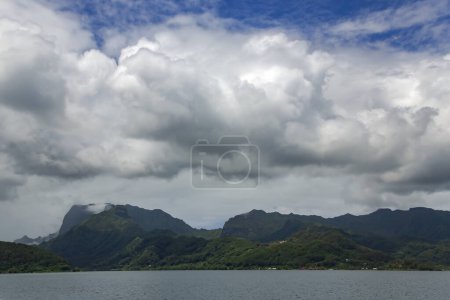 Téléchargez les photos : Forêts tropicales sur les montagnes dans les nuages brumeux de pluie sur l'île Moorea dans le groupe sous le vent des îles de la Société de Polynésie française. - en image libre de droit