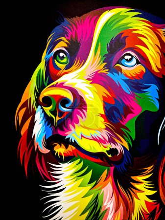 Téléchargez les photos : Impression multicolore lumineuse d'un museau mignon pour chien sur les textiles. Impression pour textiles ou carte postale - en image libre de droit