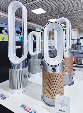 Photo for LATVIA, RIGA, 18, JULY, 2023: Bladeless fans on display at Dyson store in shopping mall, Riga, Latvia. Dyson Ltd is a British technology company. - Royalty Free Image
