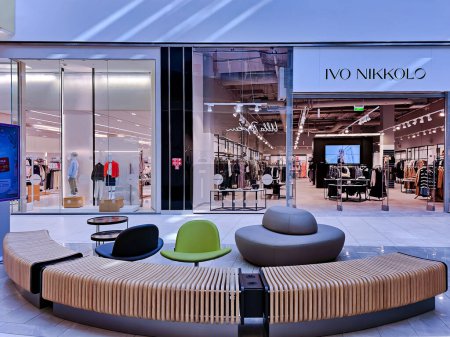 Photo for LATVIA, RIGA, 15, FEBRUARY, 2023: Interior of Ivo Nikkolo retail clothing room with big sales in modern commercial Akropole Alfa shopping mall in Riga, Latvia - Royalty Free Image