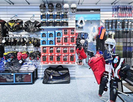 Photo for RUSSIA, MOSCOW, 05, JANUARY, 2024: Hockey ammunition in a specialized sports shop in VTB Arena-Central stadium Dynamo named after Lev Yashin in Moscow, Russia - Royalty Free Image