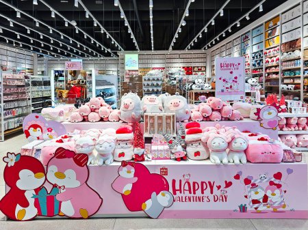 Photo for LATVIA, RIGA, 15, FEBRUARY, 2024: Modern interior of haberdashery shop with soft toys for Valentine's Day in Olimpia shopping centre, Riga, Latvia - Royalty Free Image