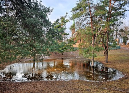 Ein kleiner Schmelzwassersee zwischen Kiefern, der das Wasser in einem Stadtpark in Riga, Lettland, reflektiert