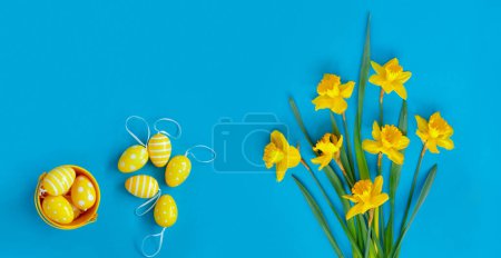 Téléchargez les photos : Bouquet de belles jonquilles jaunes avec des œufs de Pâques sur fond de papier bleu. Carte de vœux créative - en image libre de droit
