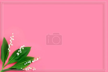 Téléchargez les photos : Arrangement floral de brins blancs de lis de la vallée sur fond rose pastel. Concept nature printanier. Mise en page créative. - en image libre de droit