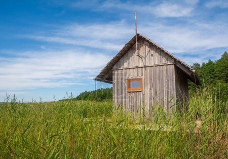 Photo for A small wooden house in the reed field of Engure National Park. - Royalty Free Image