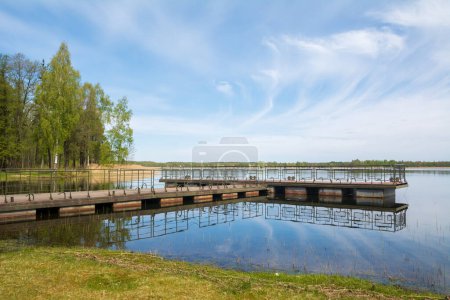 Photo for Metal pontoon bridge on the lake Braslav , Belarus. - Royalty Free Image
