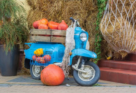 Photo for Blue scooter with pumpkins on the street - Royalty Free Image
