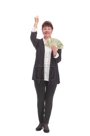 Foto de Foto hermosa dama manos celebrar ventilador dólares dinero mirada alegre aislado fondo blanco - Imagen libre de derechos