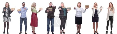 Photo for Group of happy people with gifts in their hands isolated on white background - Royalty Free Image