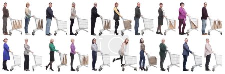 Photo for Group of people with cart looking at camera isolated on white background - Royalty Free Image