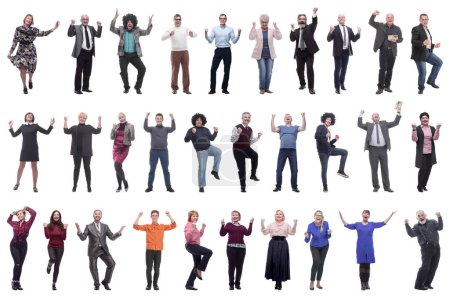 Téléchargez les photos : Collage de personnes joyeuses énergique pleine longueur isolé sur fond blanc - en image libre de droit