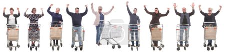 Foto de Grupo de personas con carro levantaron las manos aisladas sobre fondo blanco - Imagen libre de derechos