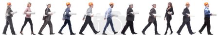 Photo for Architect profile collage in hardhat with blueprints in walking isolated on white background - Royalty Free Image