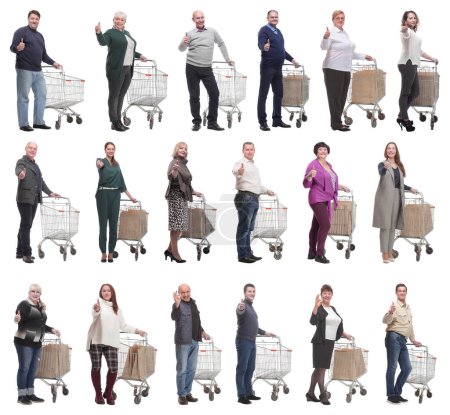 Photo for Group of people with cart showing thumbs up isolated on white background - Royalty Free Image