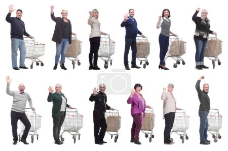 Téléchargez les photos : Groupe de personnes avec accueil trolley isolé sur fond blanc - en image libre de droit